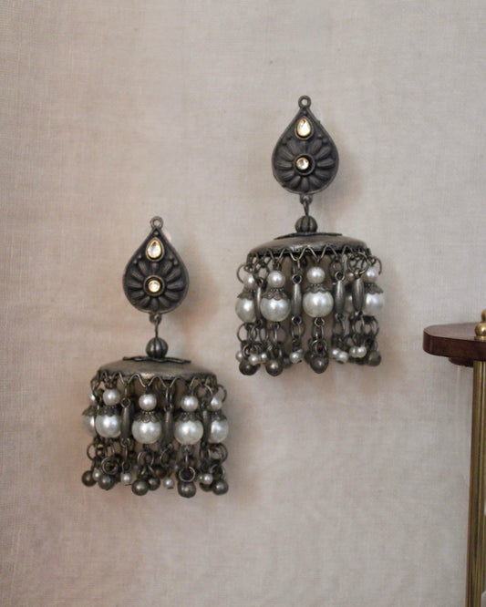 Divyanka Oxidised Pearl Jhumka